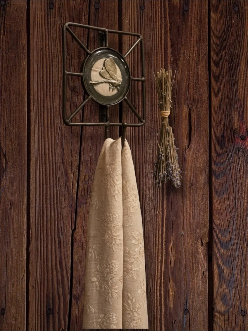 Rustic Dragonfly Print Under Glass Cast Iron Wall Hook Accent Foyer Garden Bath